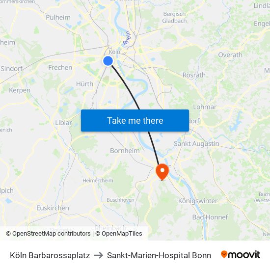 Köln Barbarossaplatz to Sankt-Marien-Hospital Bonn map