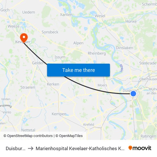 Duisburg Hbf to Marienhospital Kevelaer-Katholisches Karl-Leisner-Klinikum map