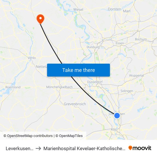 Leverkusen Mitte Bf to Marienhospital Kevelaer-Katholisches Karl-Leisner-Klinikum map