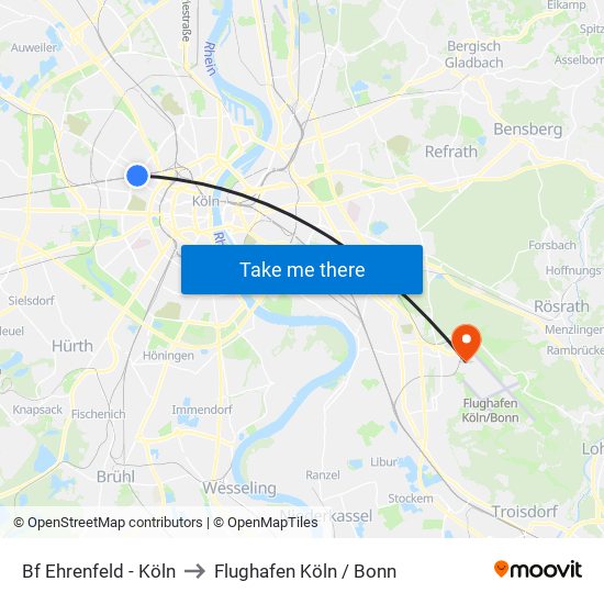 Bf Ehrenfeld - Köln to Flughafen Köln / Bonn map