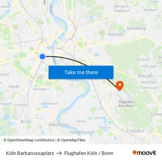 Köln Barbarossaplatz to Flughafen Köln / Bonn map