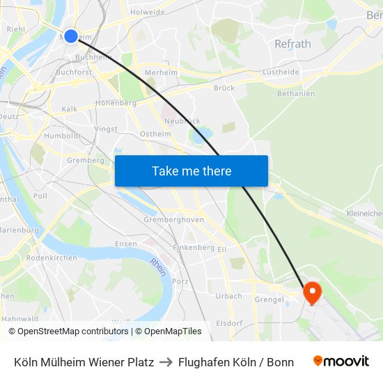 Köln Mülheim Wiener Platz to Flughafen Köln / Bonn map