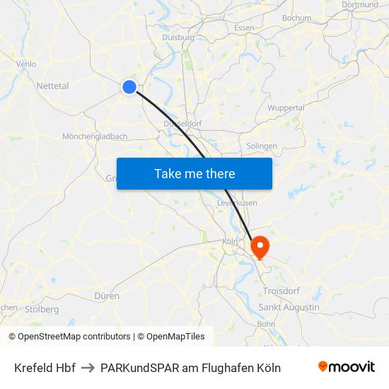 Krefeld Hbf to PARKundSPAR am Flughafen Köln map