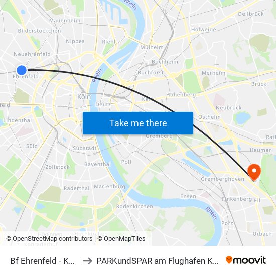 Bf Ehrenfeld - Köln to PARKundSPAR am Flughafen Köln map