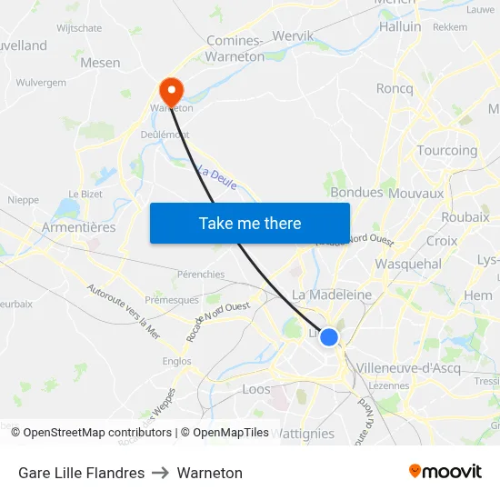 Gare Lille Flandres to Warneton map