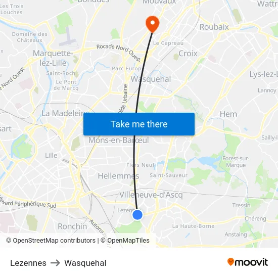 Lezennes to Wasquehal map