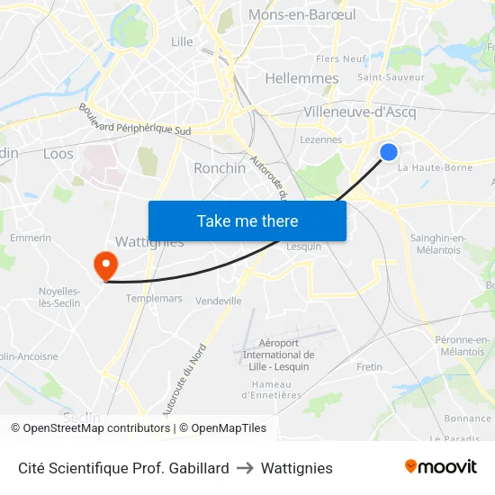 Cité Scientifique Prof. Gabillard to Wattignies map