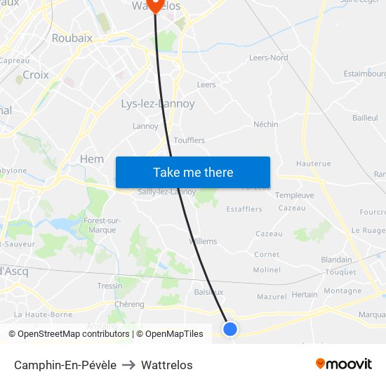 Camphin-En-Pévèle to Wattrelos map
