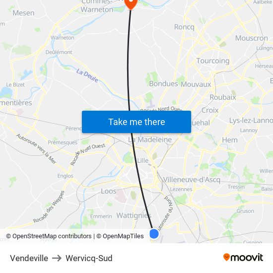 Vendeville to Wervicq-Sud map