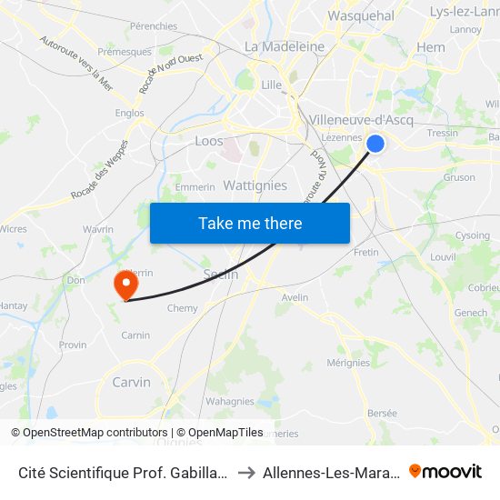 Cité Scientifique Prof. Gabillard to Allennes-Les-Marais map
