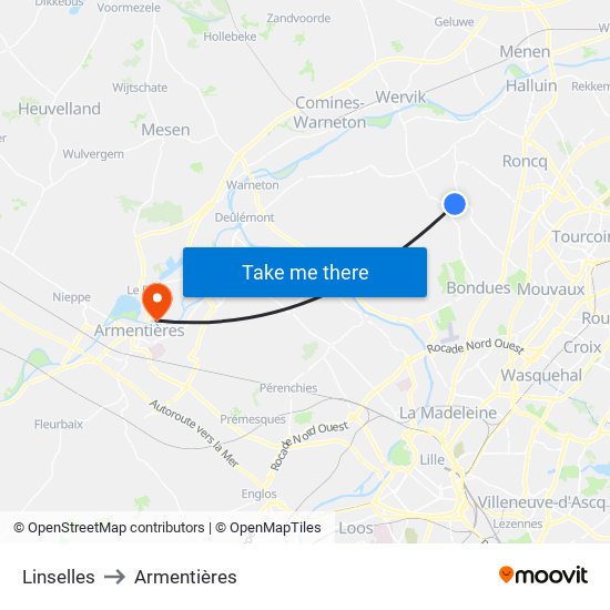 Linselles to Armentières map