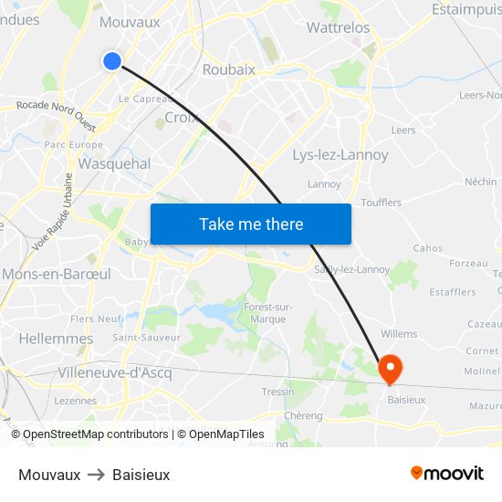 Mouvaux to Baisieux map