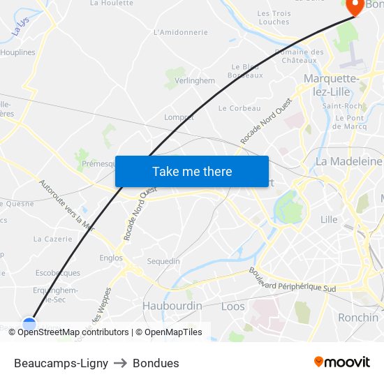 Beaucamps-Ligny to Bondues map