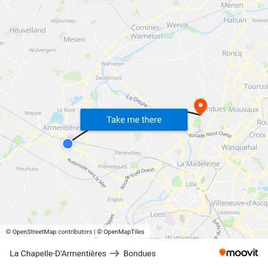 La Chapelle-D'Armentières to Bondues map