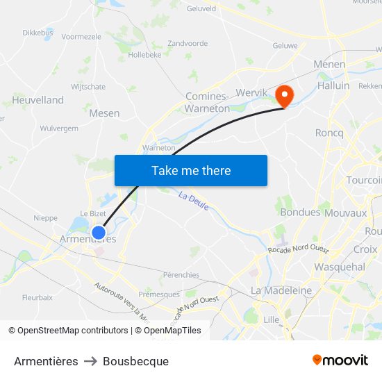Armentières to Bousbecque map