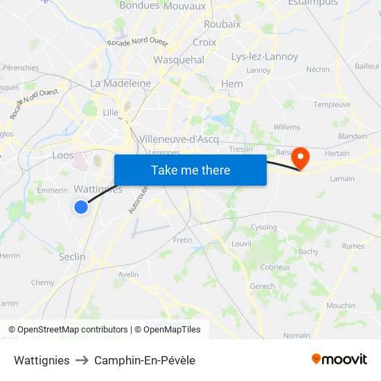 Wattignies to Camphin-En-Pévèle map