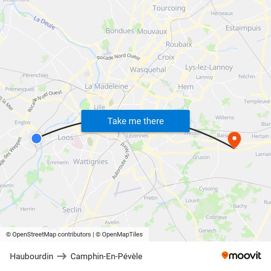 Haubourdin to Camphin-En-Pévèle map