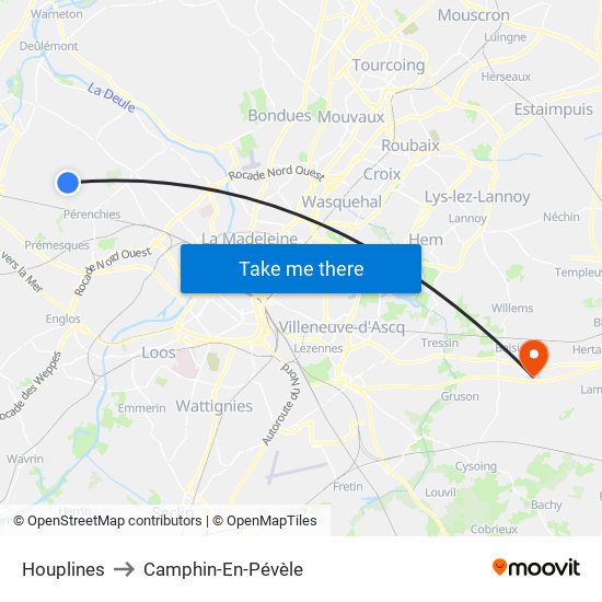 Houplines to Camphin-En-Pévèle map