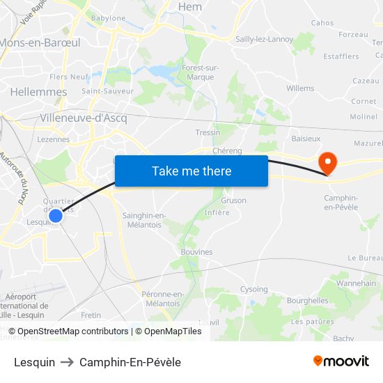 Lesquin to Camphin-En-Pévèle map