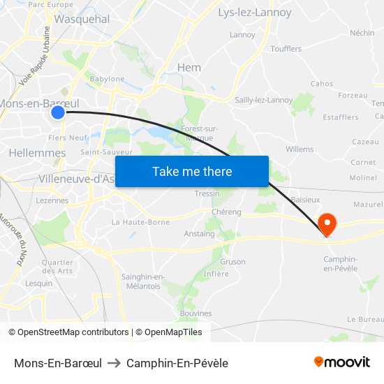 Mons-En-Barœul to Camphin-En-Pévèle map