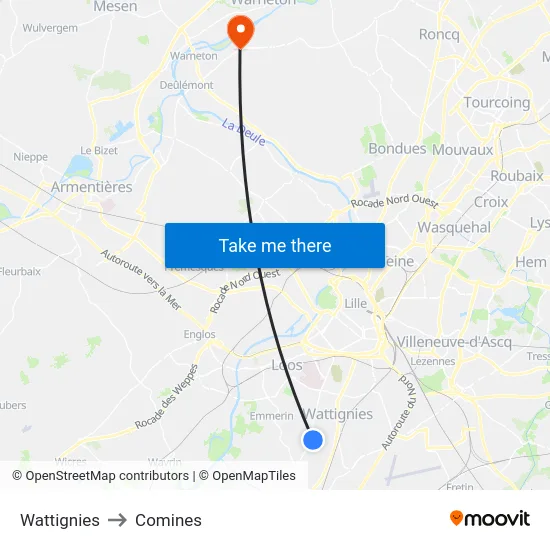 Wattignies to Comines map