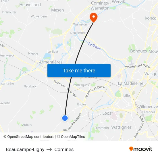 Beaucamps-Ligny to Comines map