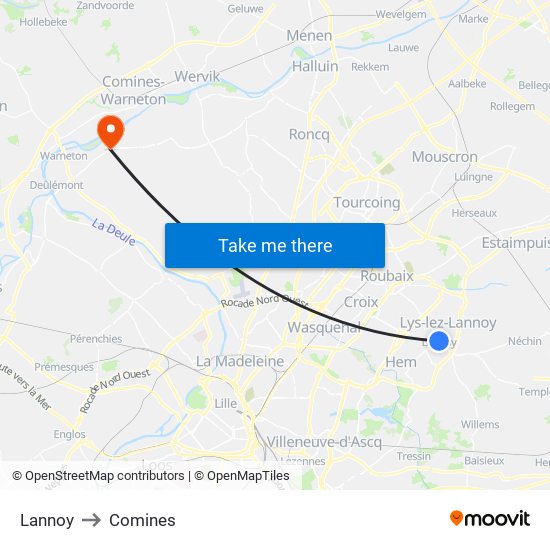 Lannoy to Comines map