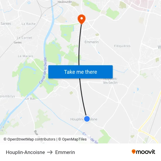 Houplin-Ancoisne to Emmerin map