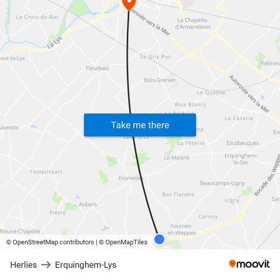 Herlies to Erquinghem-Lys map