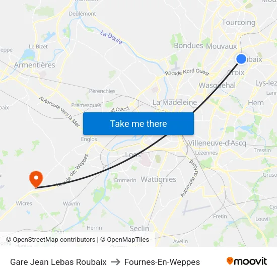 Gare Jean Lebas Roubaix to Fournes-En-Weppes map