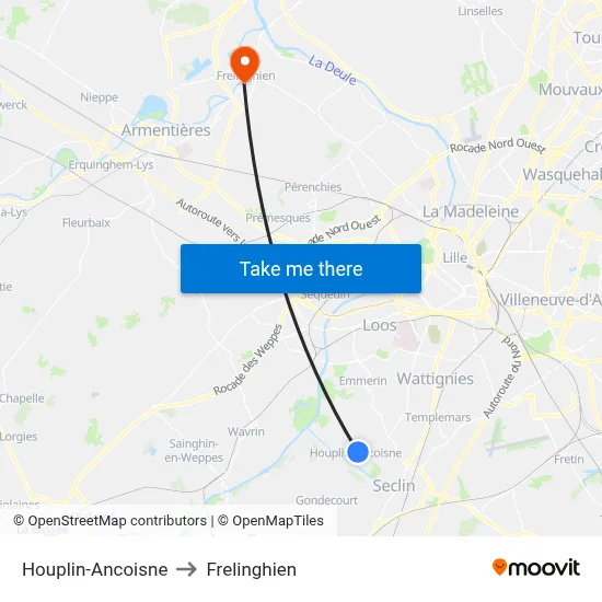 Houplin-Ancoisne to Frelinghien map