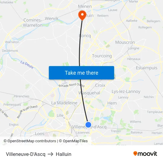 Villeneuve-D'Ascq to Halluin map