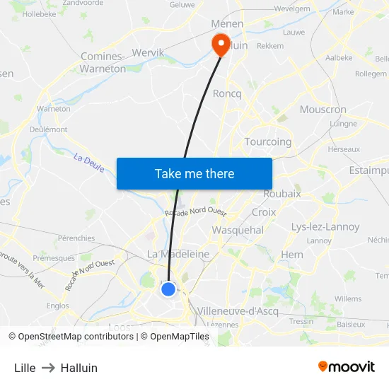 Lille to Halluin map