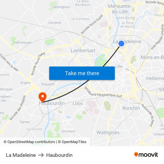 La Madeleine to Haubourdin map