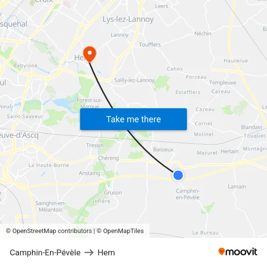 Camphin-En-Pévèle to Hem map