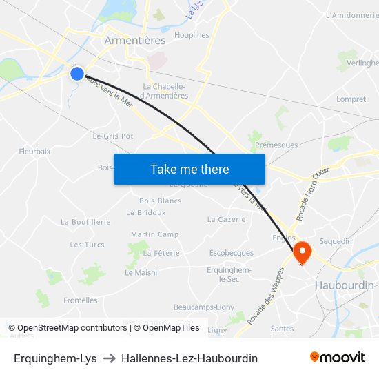 Erquinghem-Lys to Hallennes-Lez-Haubourdin map