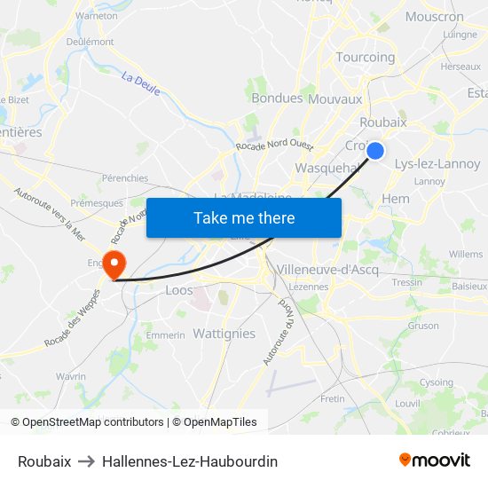 Roubaix to Hallennes-Lez-Haubourdin map