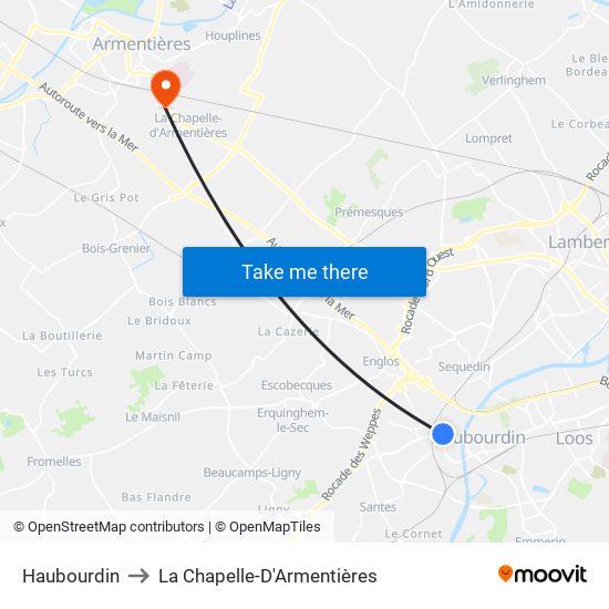 Haubourdin to La Chapelle-D'Armentières map