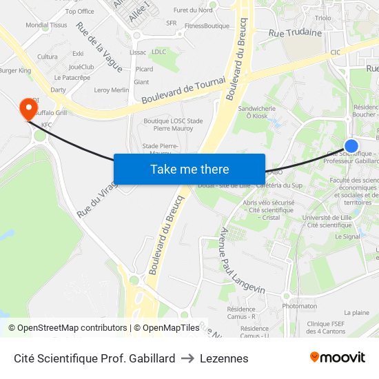 Cité Scientifique Prof. Gabillard to Lezennes map
