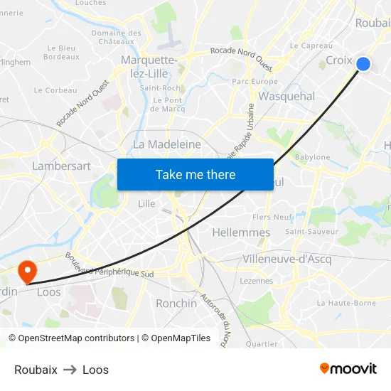Roubaix to Loos map