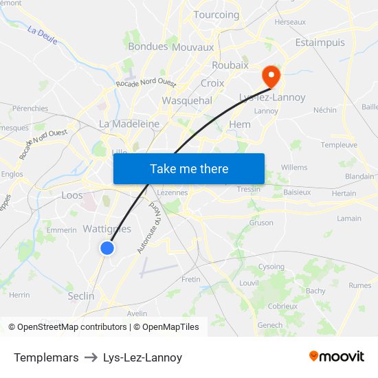 Templemars to Lys-Lez-Lannoy map