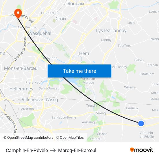 Camphin-En-Pévèle to Marcq-En-Barœul map