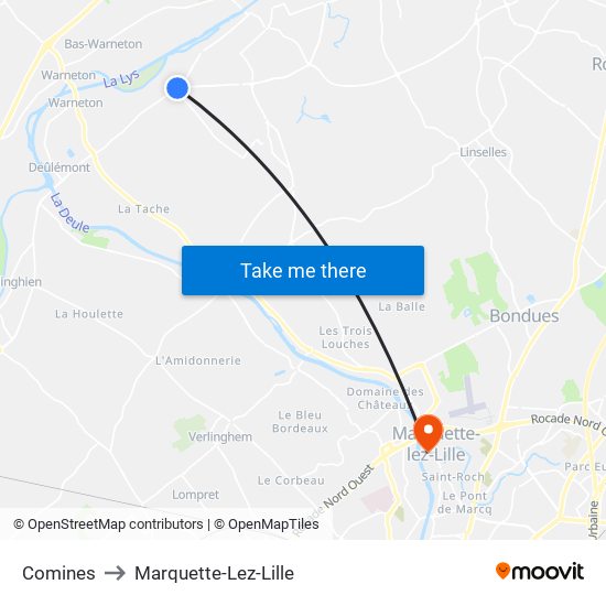 Comines to Marquette-Lez-Lille map