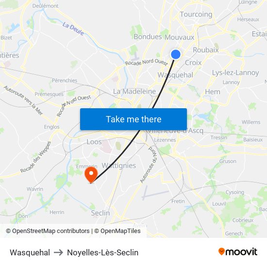 Wasquehal to Noyelles-Lès-Seclin map