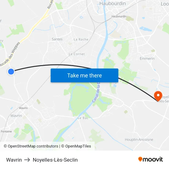 Wavrin to Noyelles-Lès-Seclin map