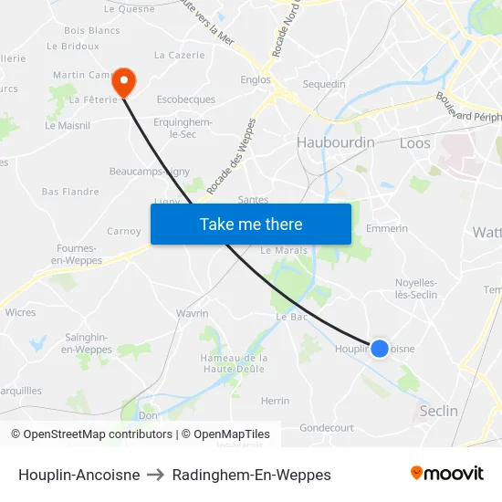 Houplin-Ancoisne to Radinghem-En-Weppes map