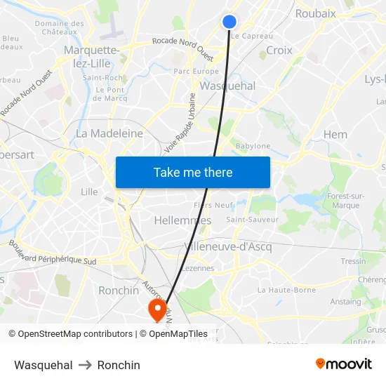 Wasquehal to Ronchin map