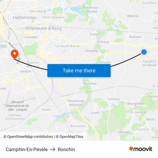 Camphin-En-Pévèle to Ronchin map