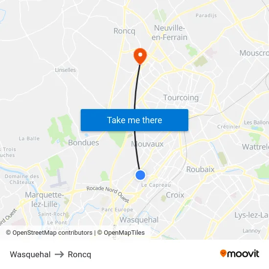 Wasquehal to Roncq map