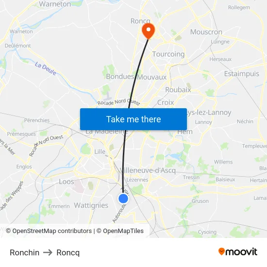 Ronchin to Roncq map